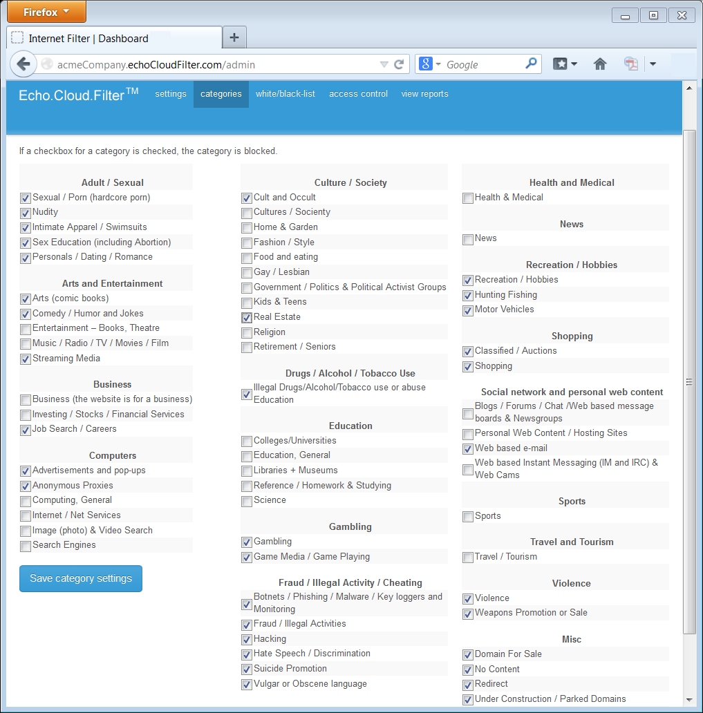 DNS Filter Categories